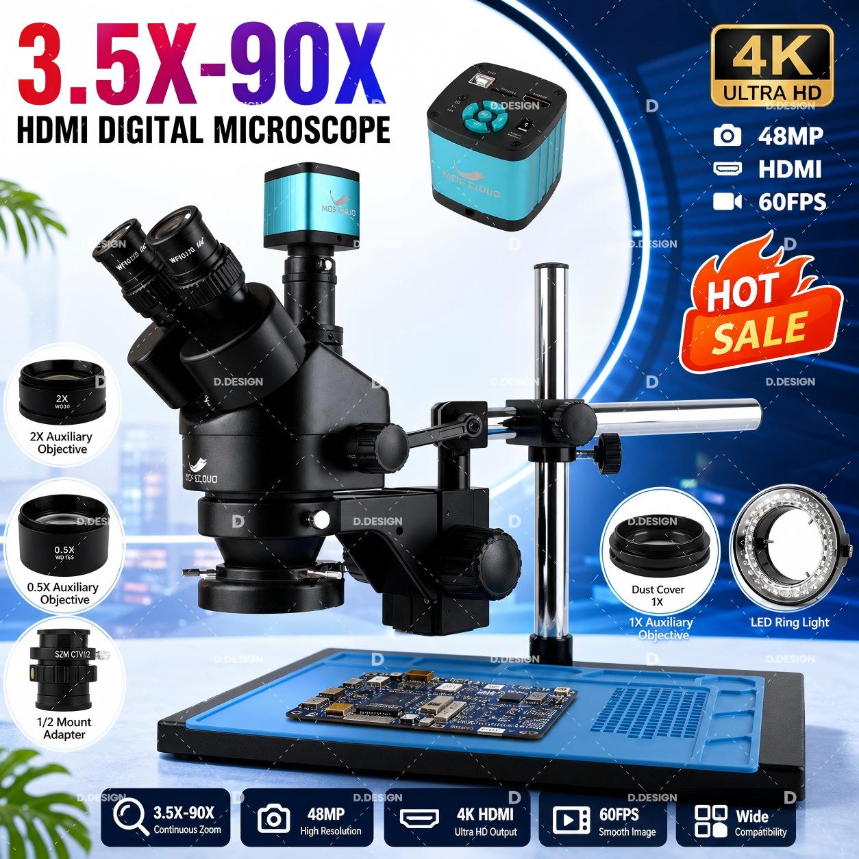 Simul-Focal Industrial Microscope 4K Hdmi - 3.5X-100X 산업용 실험실 동시 초점 조정